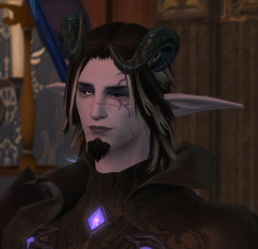 Most recent image of Morn' with fully blued skin, elongated ears, black sclara, and horns.